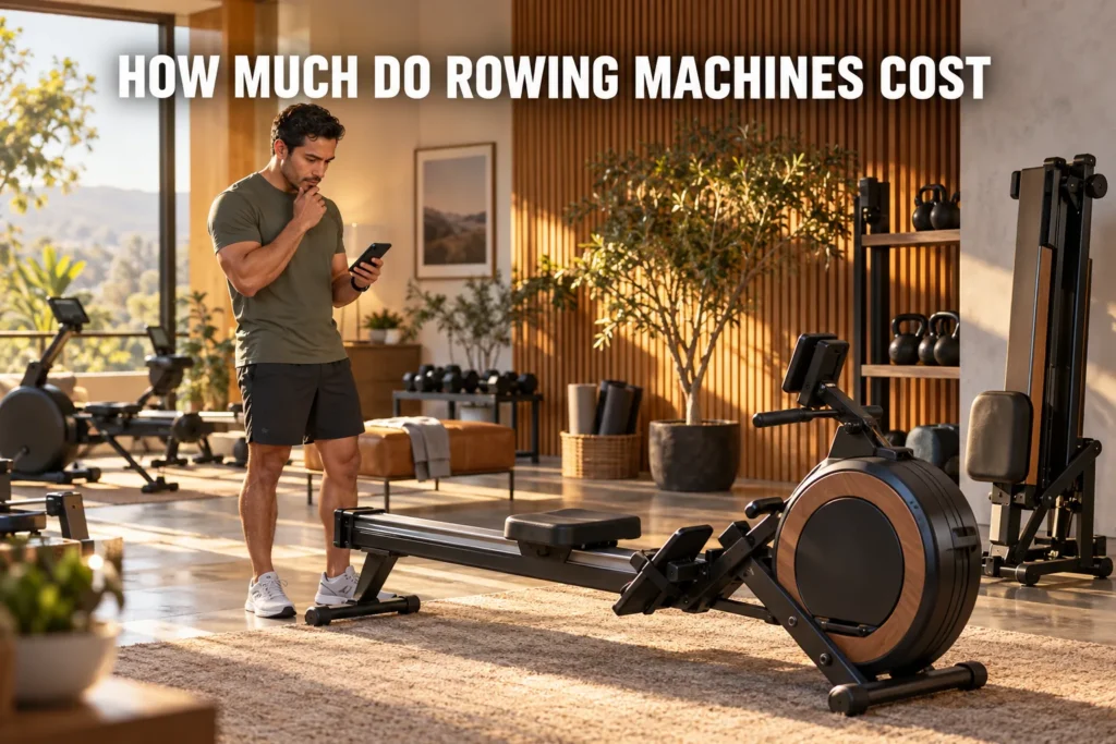 A man comparing rowing machine options and prices in a warm home gym.