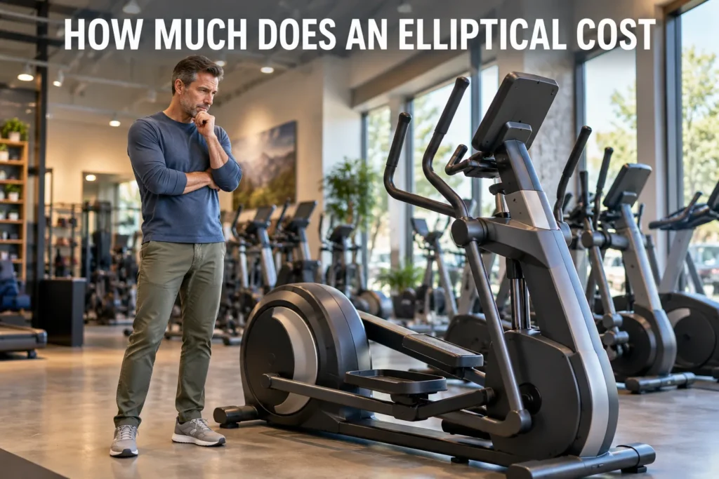 A man comparing elliptical machines in a fitness showroom.