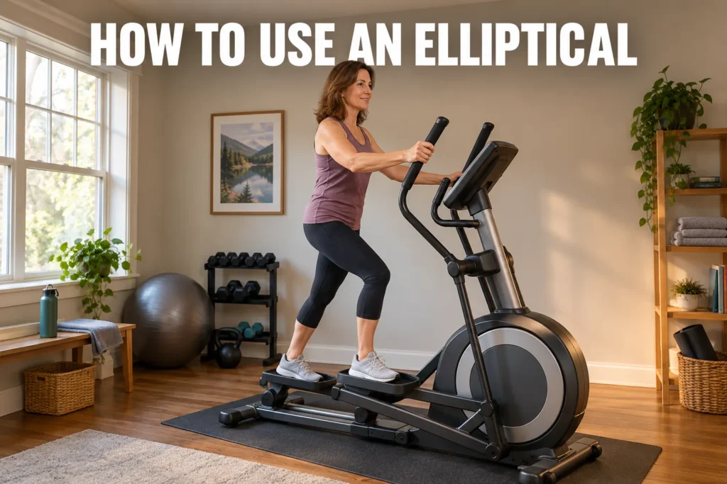 A woman exercising on an elliptical machine in a warm home workout room.