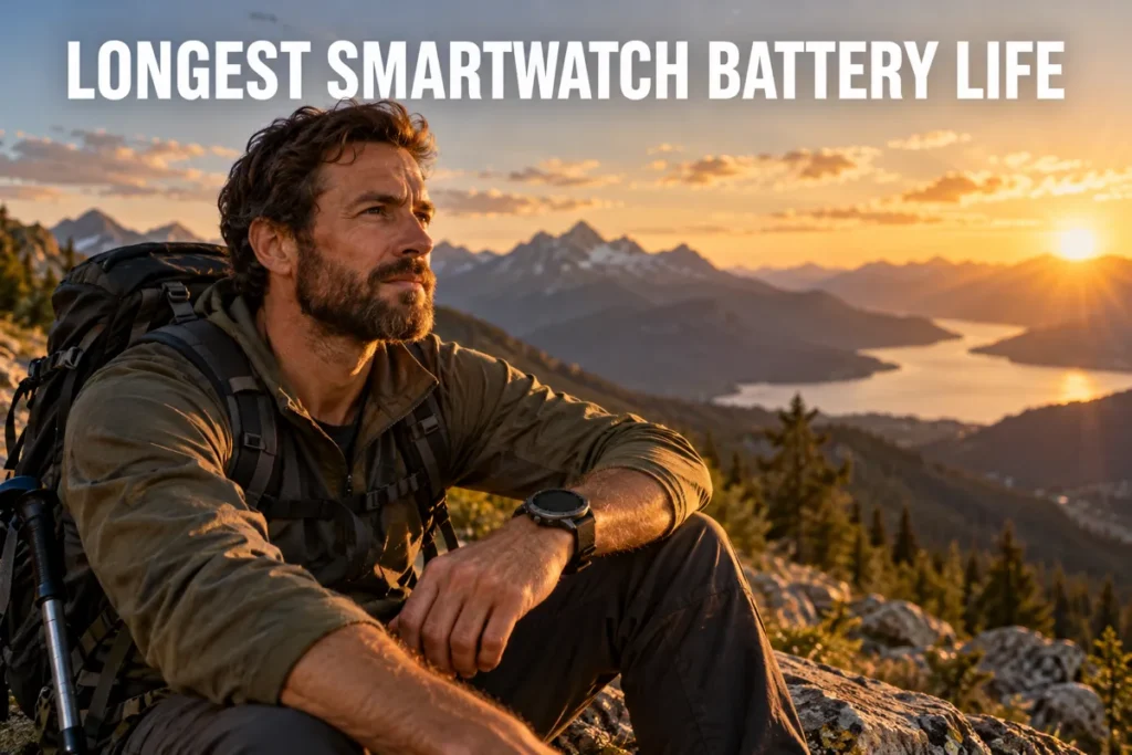 A hiker wearing a rugged smartwatch while resting on a mountain trail at sunset.