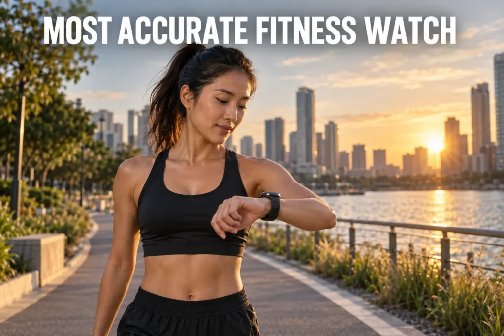 A woman checking her fitness watch on a waterfront running path at sunset.