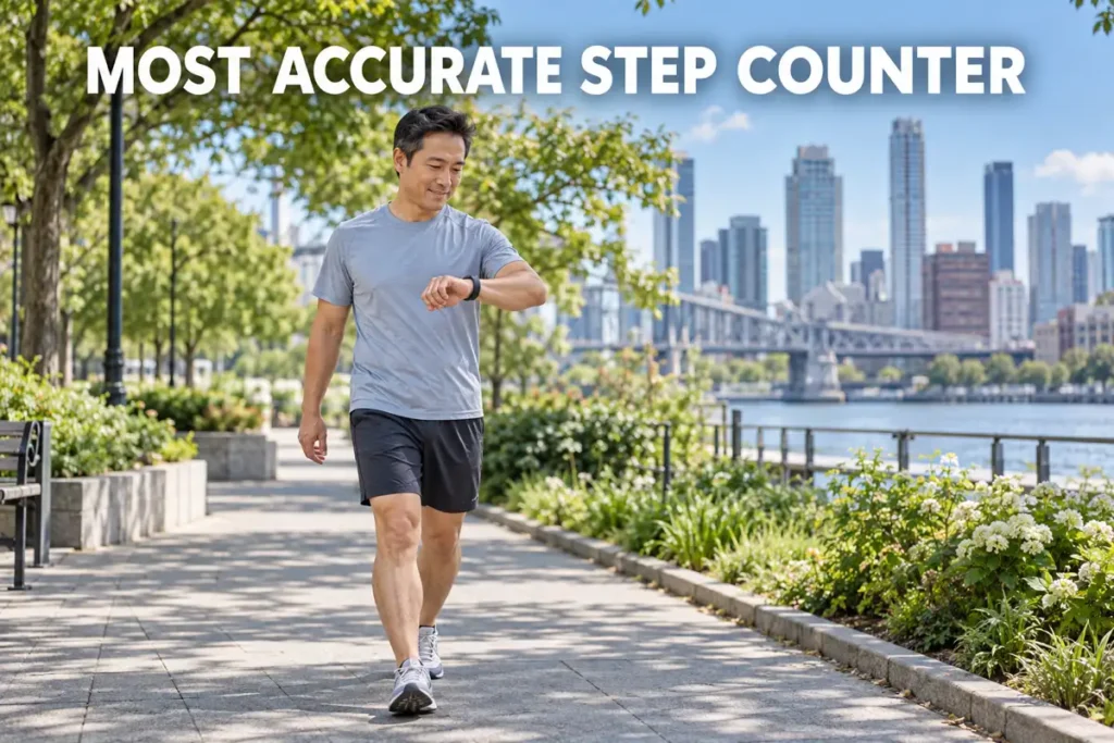 A man checking his smartwatch step count while walking on a waterfront path.