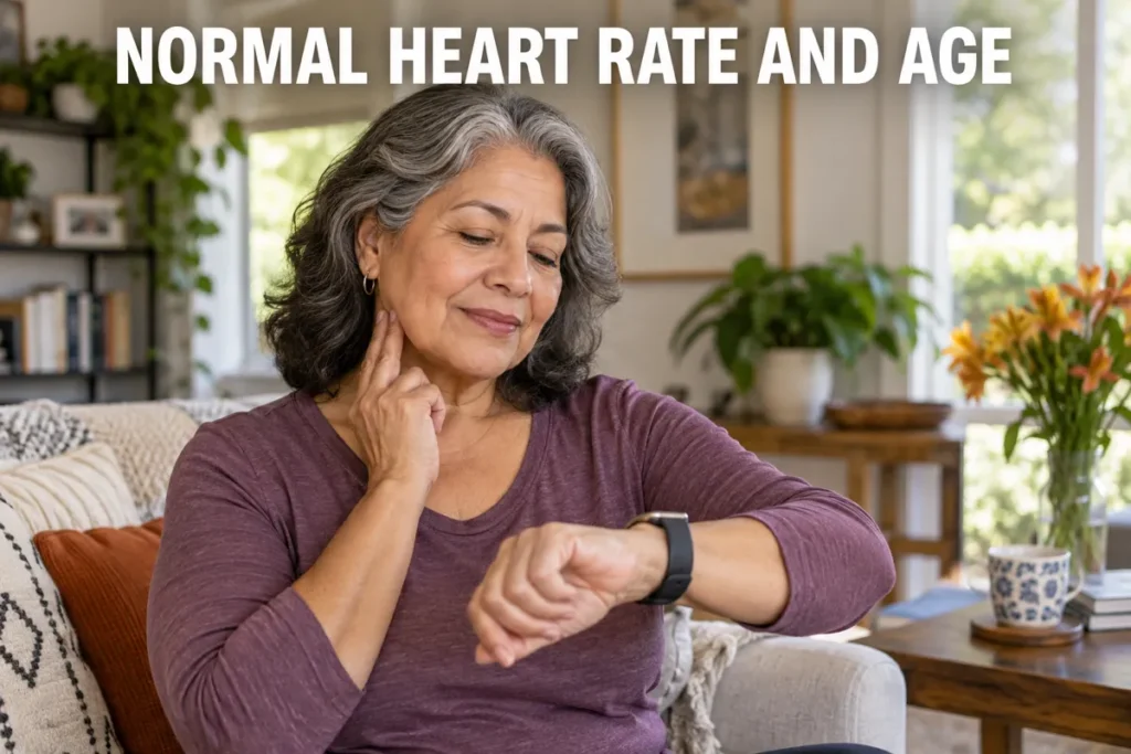 An older woman checking her pulse and fitness watch while sitting in a bright living room.