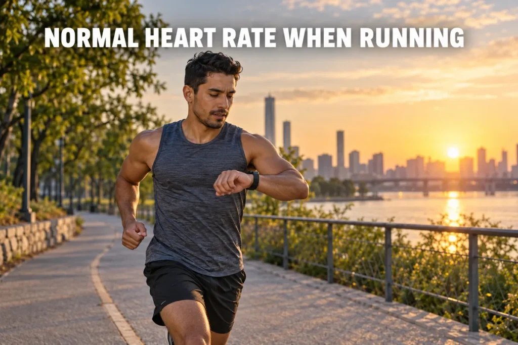 A runner checking heart rate data on a smartwatch during an outdoor run.
