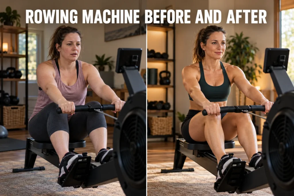 A woman shown before and after consistent rowing machine workouts in a home gym.