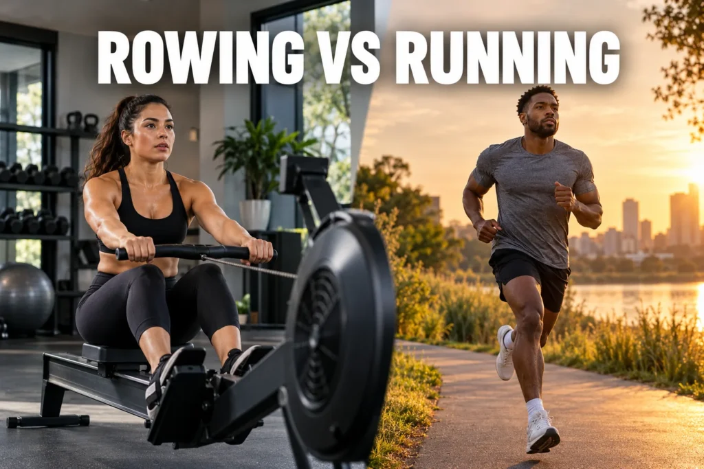 A woman using a rowing machine beside a man running outdoors at sunset.