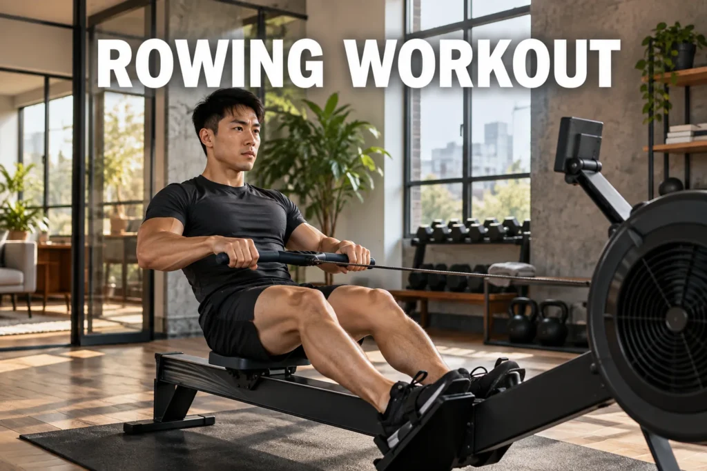 A man performing a rowing workout on a rowing machine in a bright loft-style home gym.