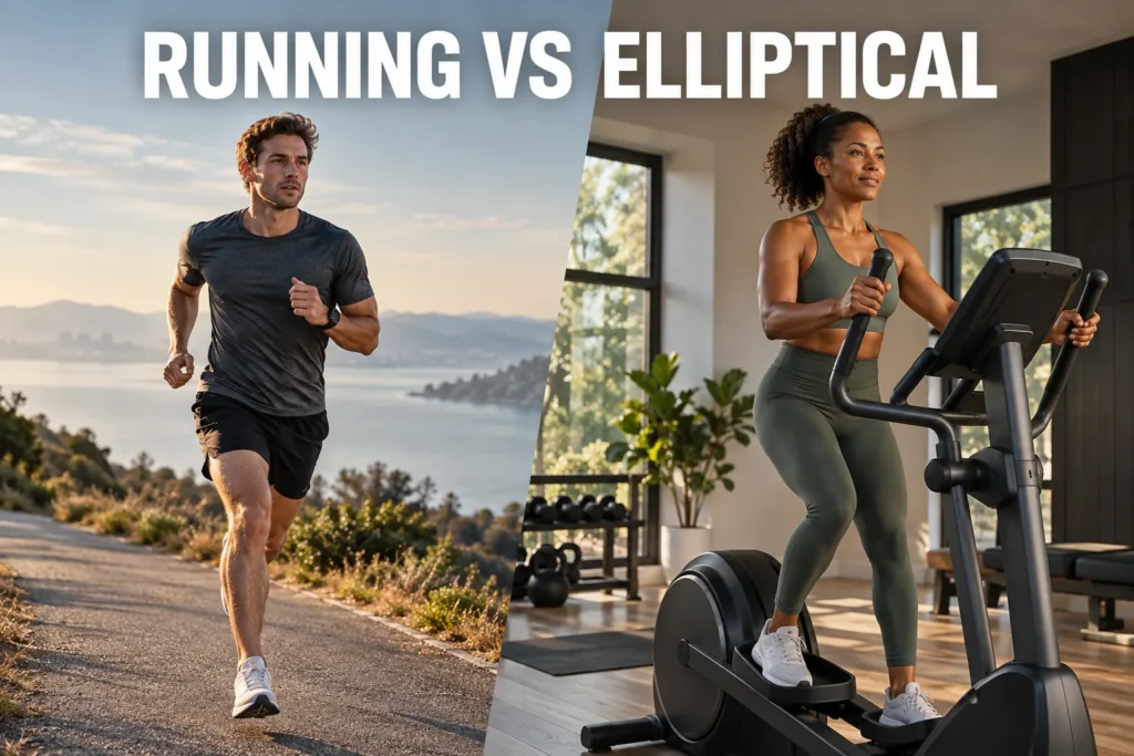 A runner outdoors beside a woman using an elliptical machine in a home gym.