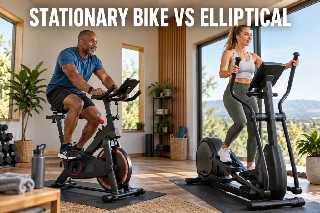 A man riding a stationary bike beside a woman using an elliptical in a bright home gym.