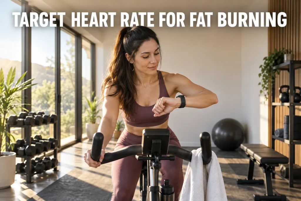 A woman checking her smartwatch heart rate while riding an exercise bike in a bright home gym.