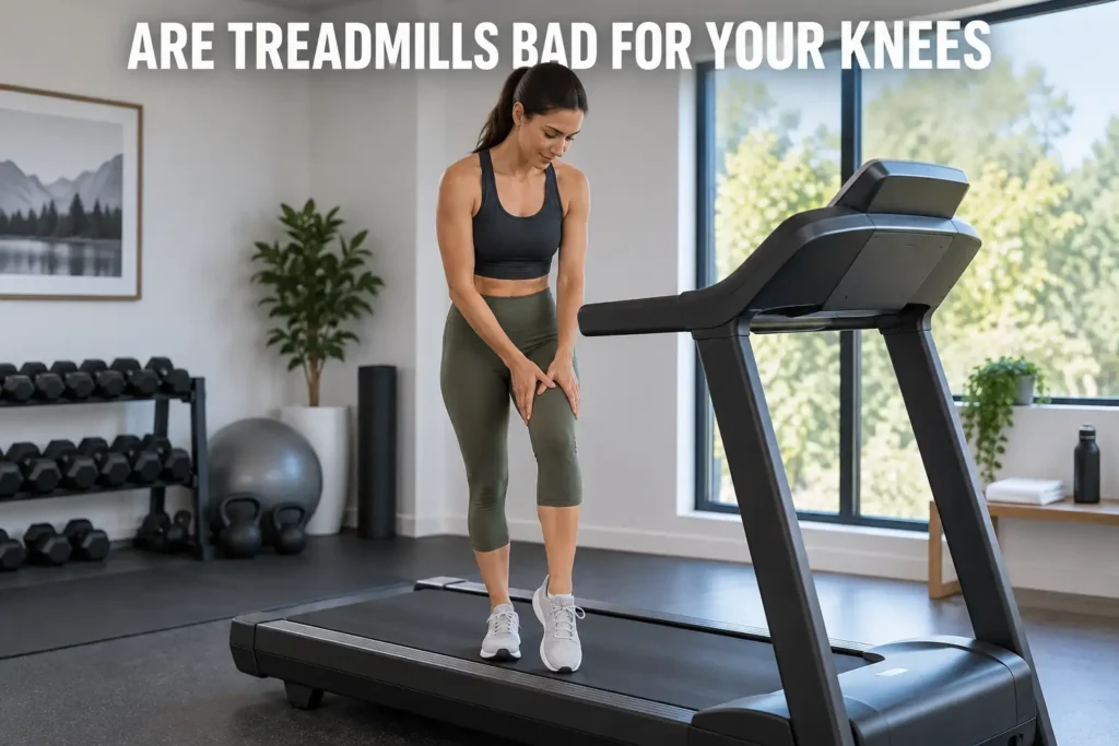 A woman touching her knee while standing on a treadmill in a modern home gym.