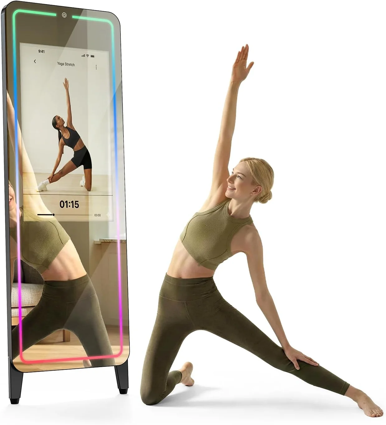 Full-length smart fitness mirror with colorful LED trim displaying a workout video