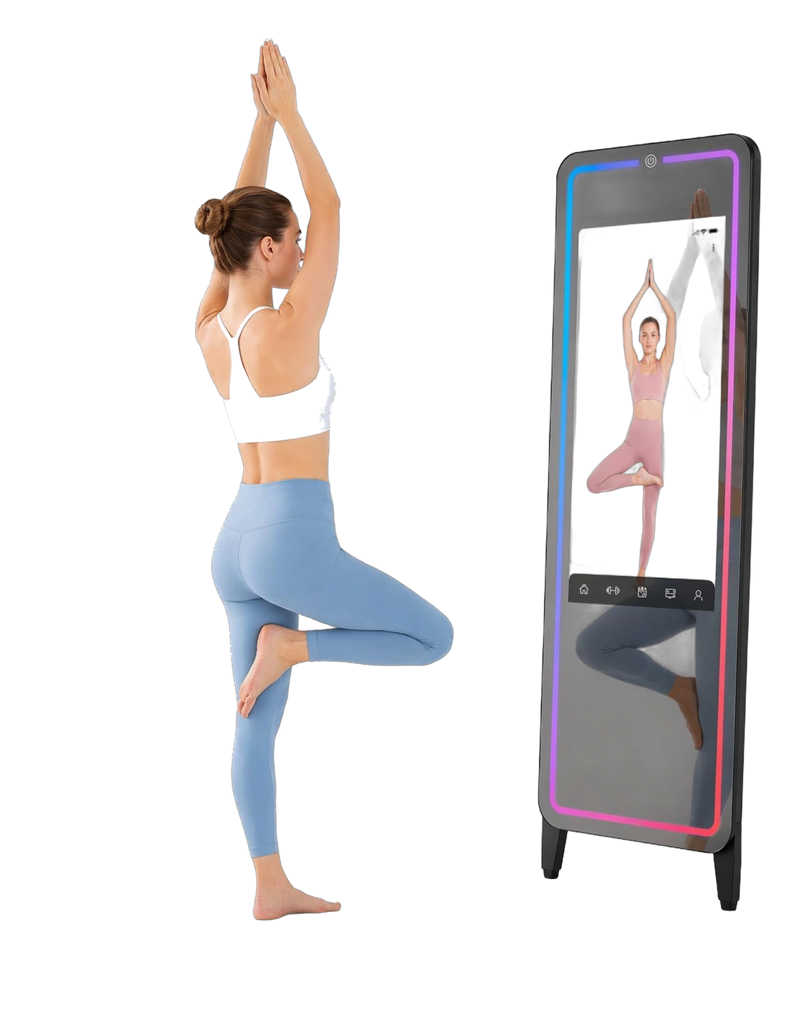 Freestanding smart fitness mirror with RGB light trim and touchscreen display
