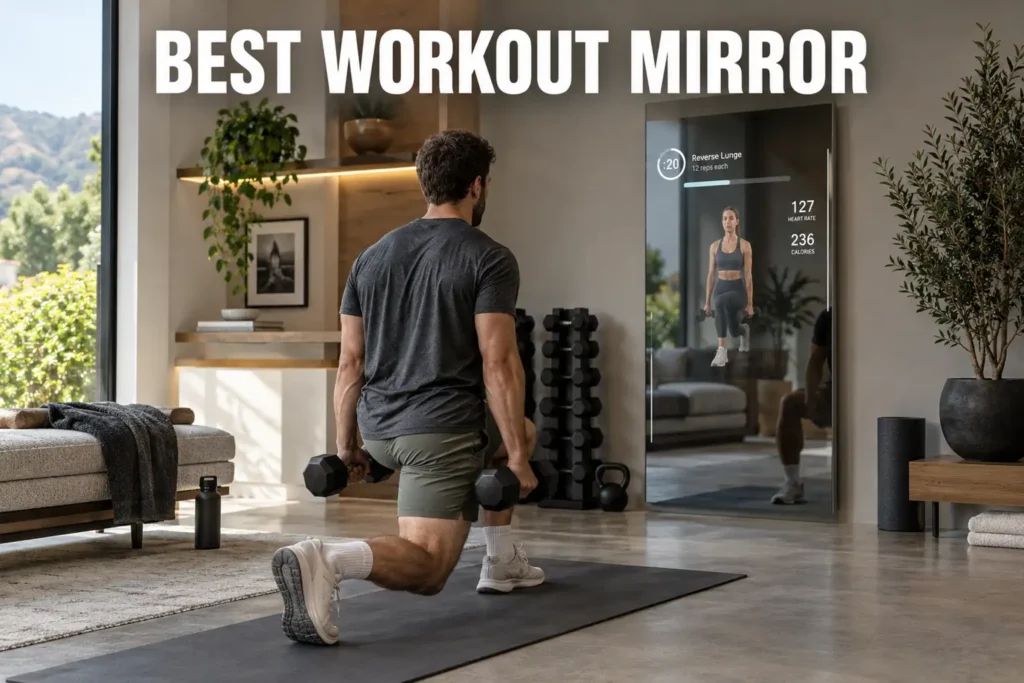 A man doing dumbbell lunges in front of a workout mirror in a bright home gym with white lettering reading Best Workout Mirror.