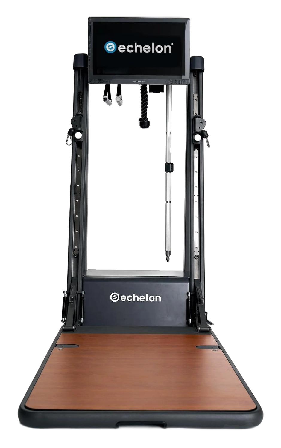 Echelon Strength home gym tower with digital display screen and wood-look floor mat