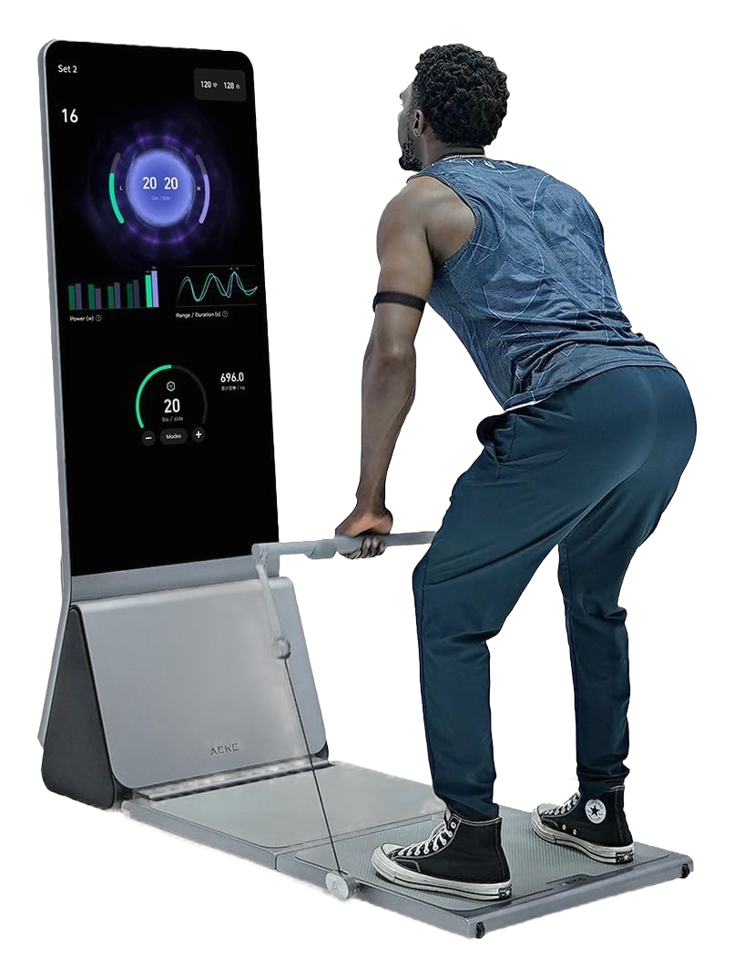 AEKE K1 smart fitness mirror with a man doing cable rows on its platform