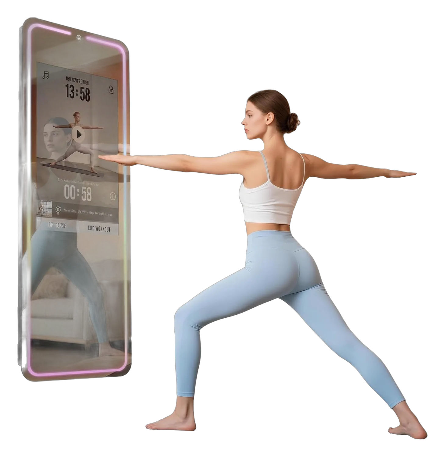 Illuminated smart mirror displaying a workout screen with timer and pause button