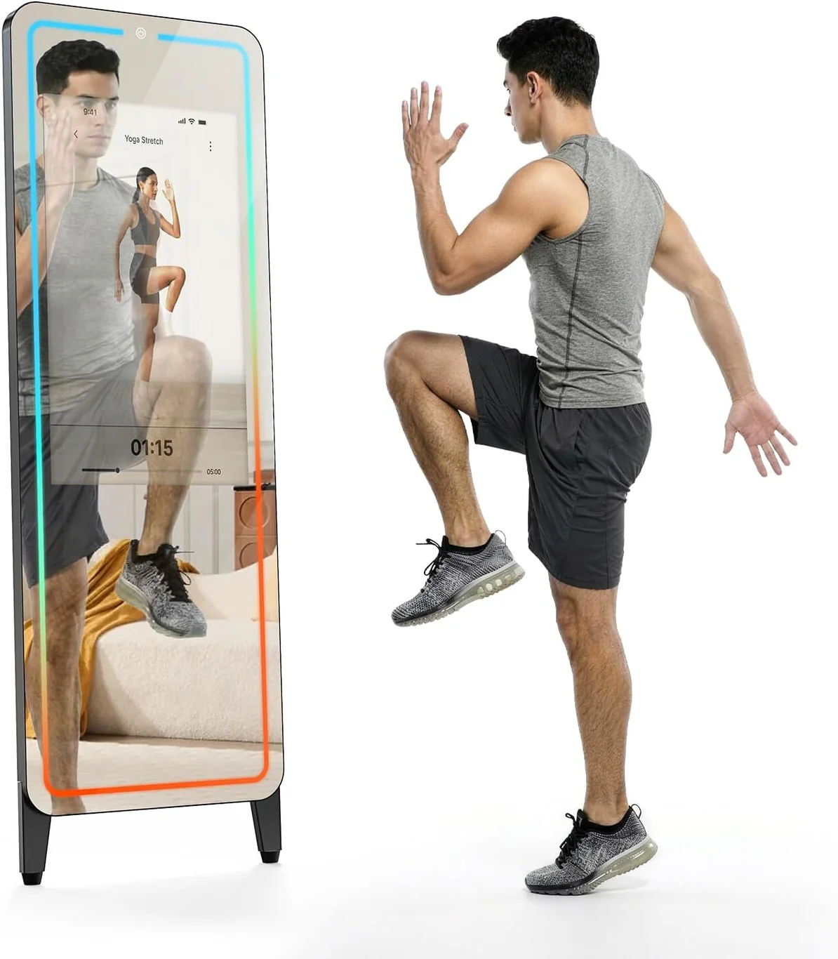 Smart gym mirror with colorful LED trim displaying a guided workout on screen