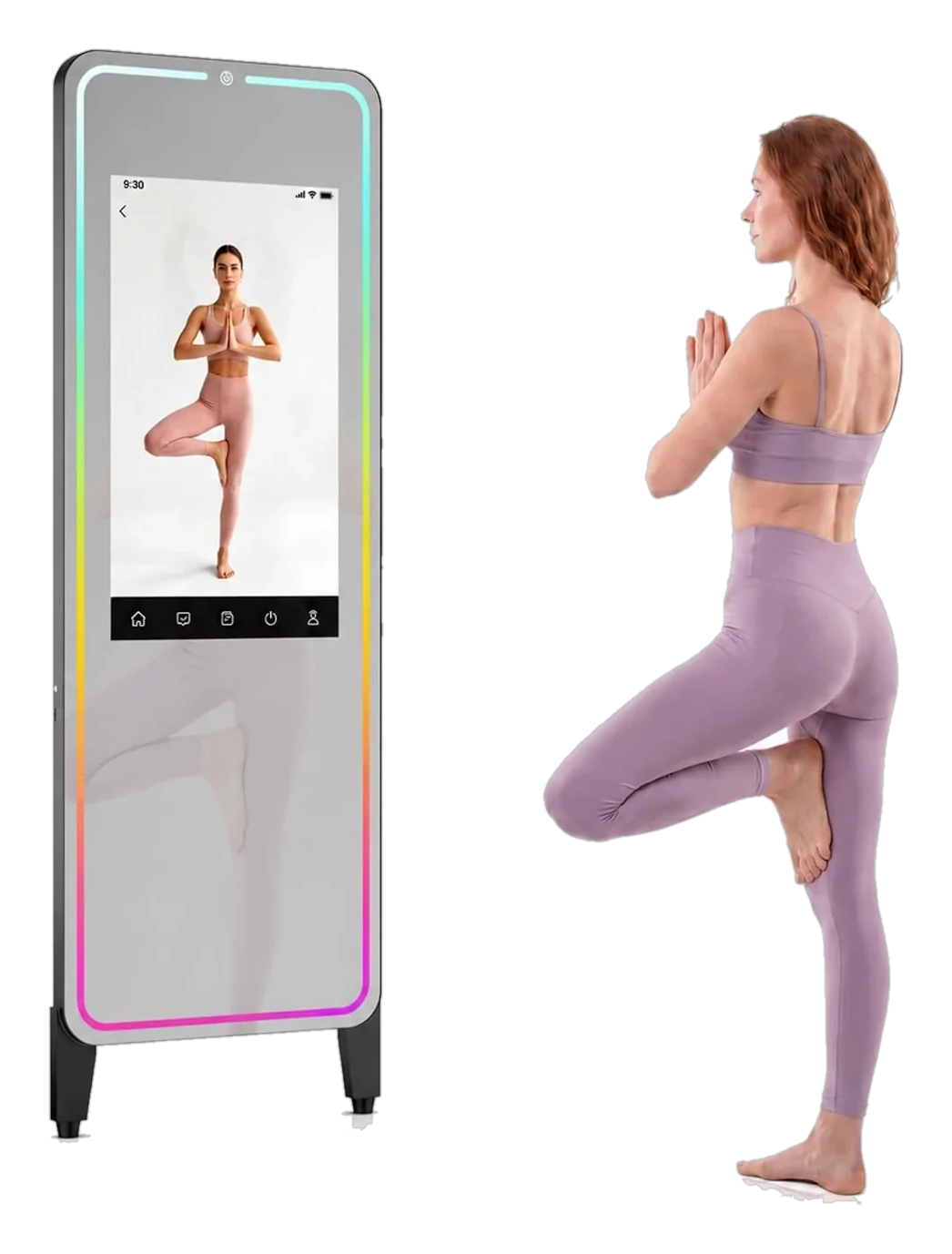 Smart gym mirror with a colorful LED-lit frame beside a woman in a yoga pose
