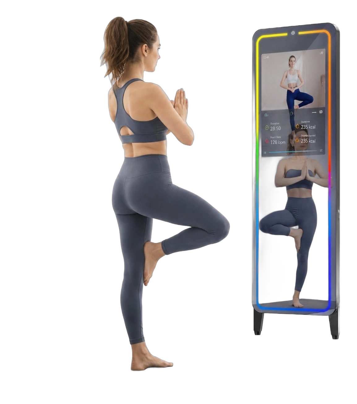 Smart fitness mirror with RGB-lit frame displaying a live workout stats screen