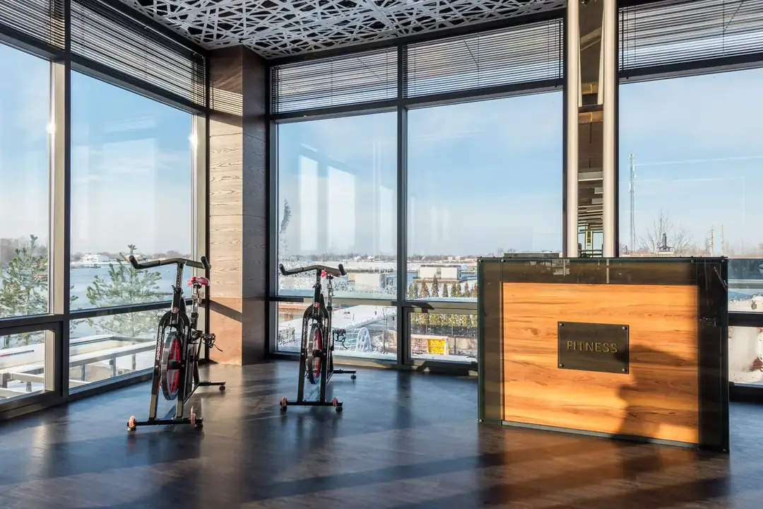 Two stationary spin bikes in a bright gym with floor-to-ceiling windows