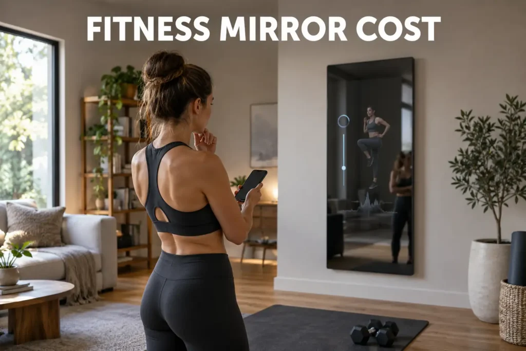 A woman using a phone beside a wall-mounted fitness mirror in a modern home gym.
