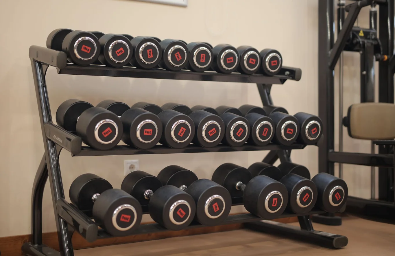 Rows of dumbbells stacked on a three-tier rack in a home gym