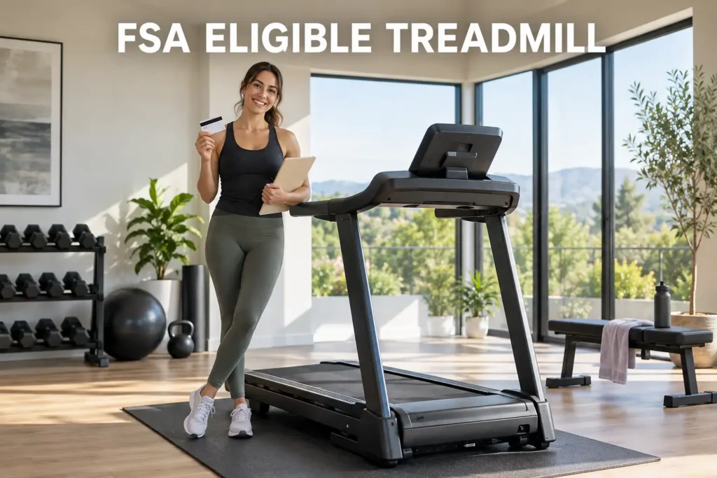 Woman holding a card and clipboard beside a treadmill in a bright home gym.