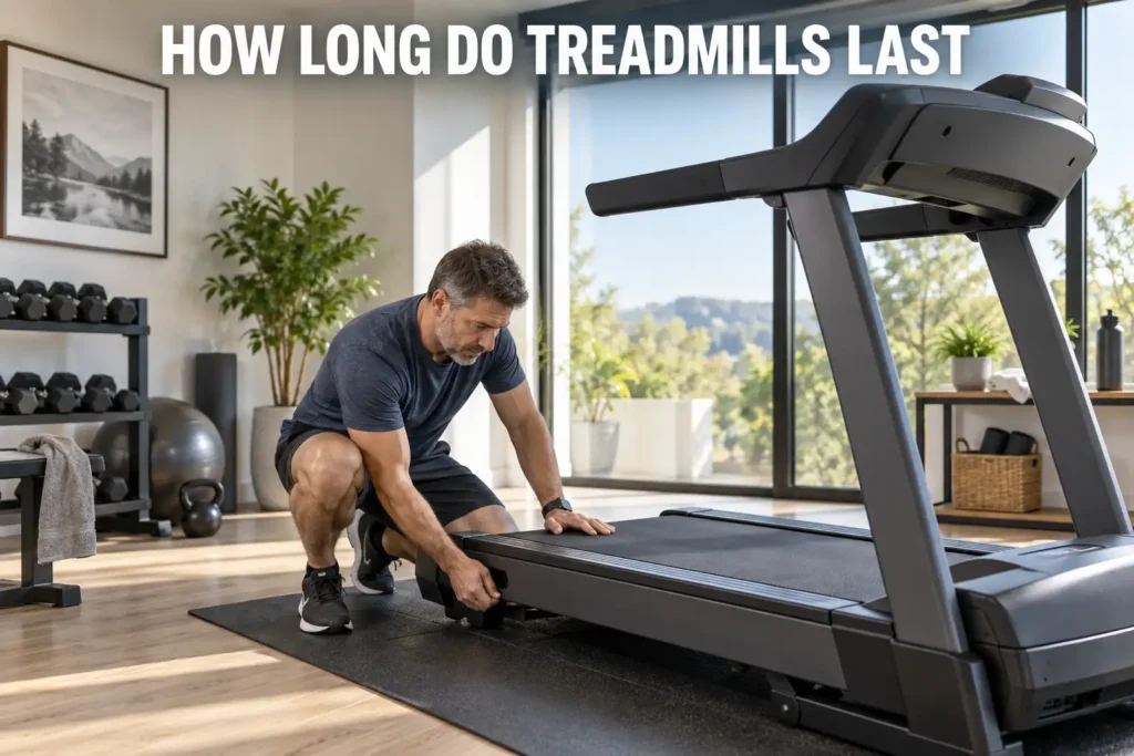 A man inspecting a treadmill base in a bright modern home gym.