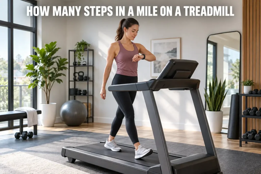 A woman checking her fitness tracker while walking on a treadmill in a bright home gym.
