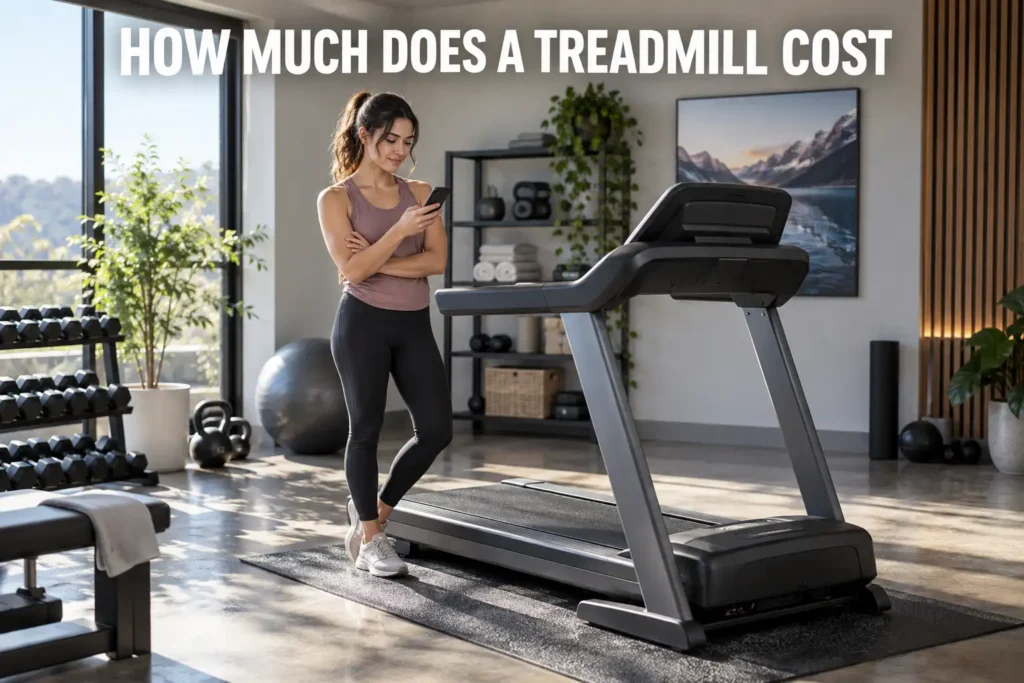 Woman comparing treadmill options on her phone in a modern home gym.
