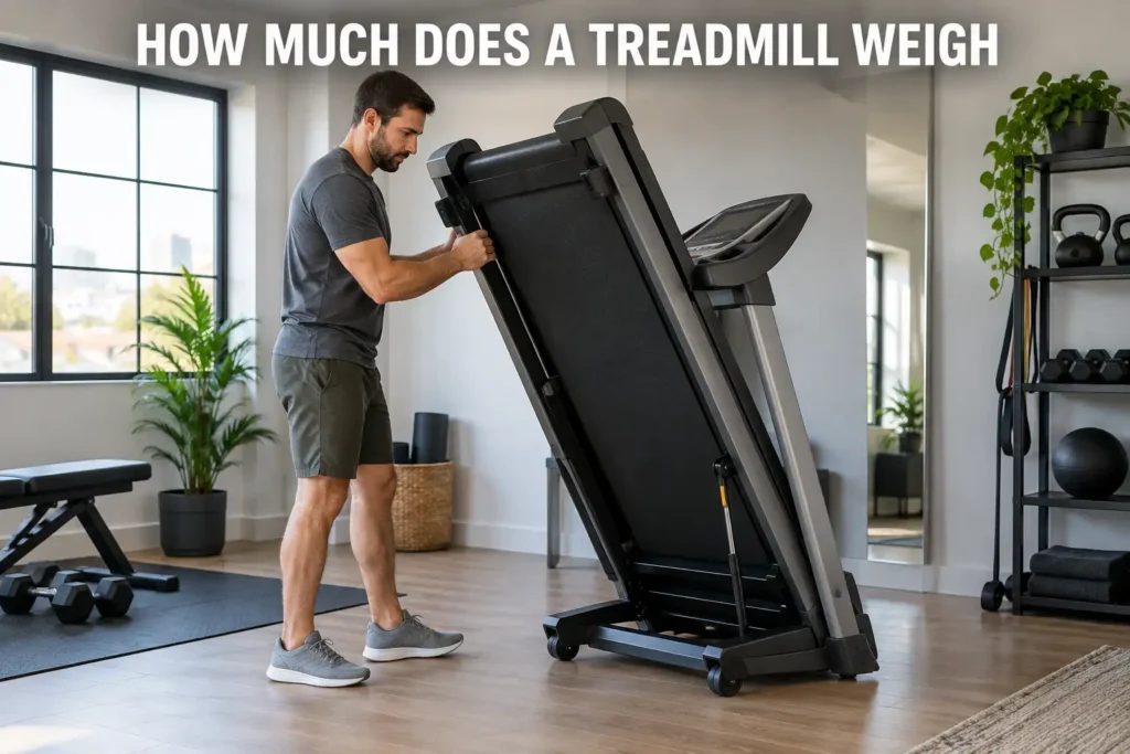 Man moving a folded treadmill in a modern home workout space.