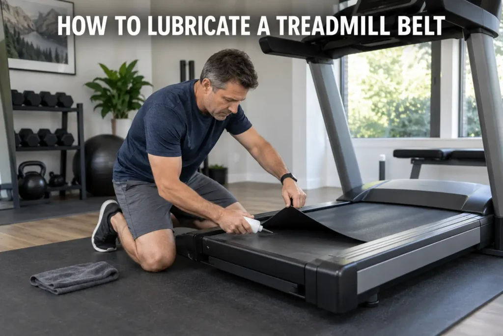 Person lubricating a treadmill belt in a modern home gym.