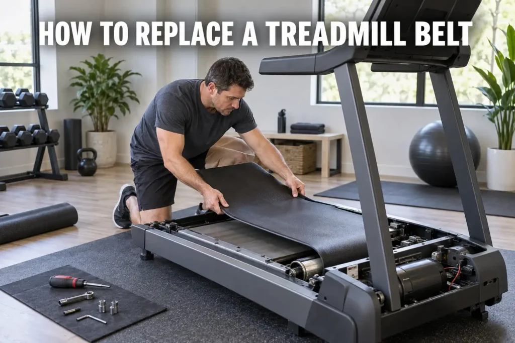 Man replacing a treadmill belt with tools in a bright home gym.