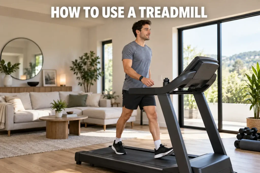 Man walking on a treadmill in a bright modern home workout space.