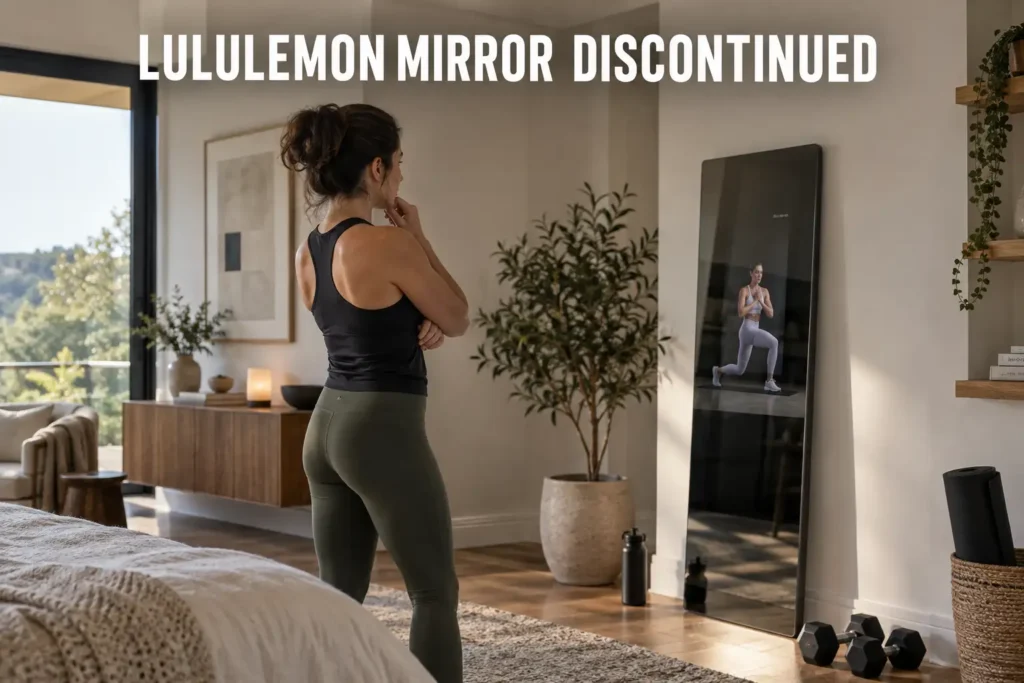 A woman looking at a freestanding fitness mirror in a calm bedroom workout space.
