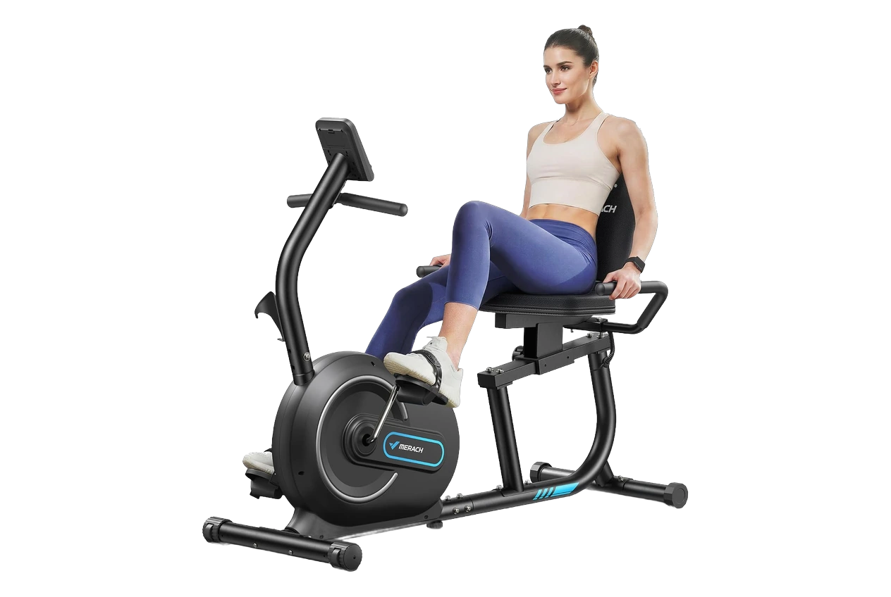 tfl-merach-s08-recumbent-b0bm4ktbfh-hero MERACH S08 recumbent exercise bike with step-through frame, padded adjustable seat and backrest, magnetic flywheel housing and console mount, shown with a rider seated
