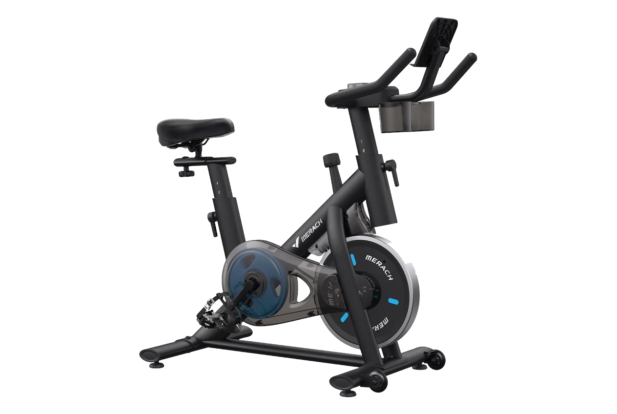 tfl-merach-s26-upright-b0cjvcm65c-hero MERACH S26 upright stationary exercise bike with padded 4-way adjustable seat, 2-way adjustable handlebars, tablet holder, dual bottle cages and belt-driven flywheel