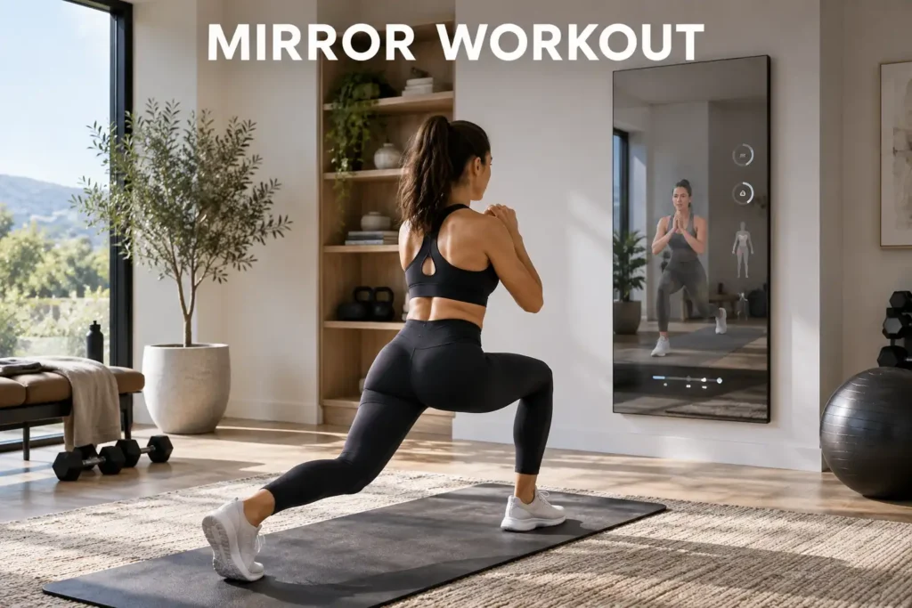 A woman doing lunges in front of a wall-mounted workout mirror in a modern home gym.