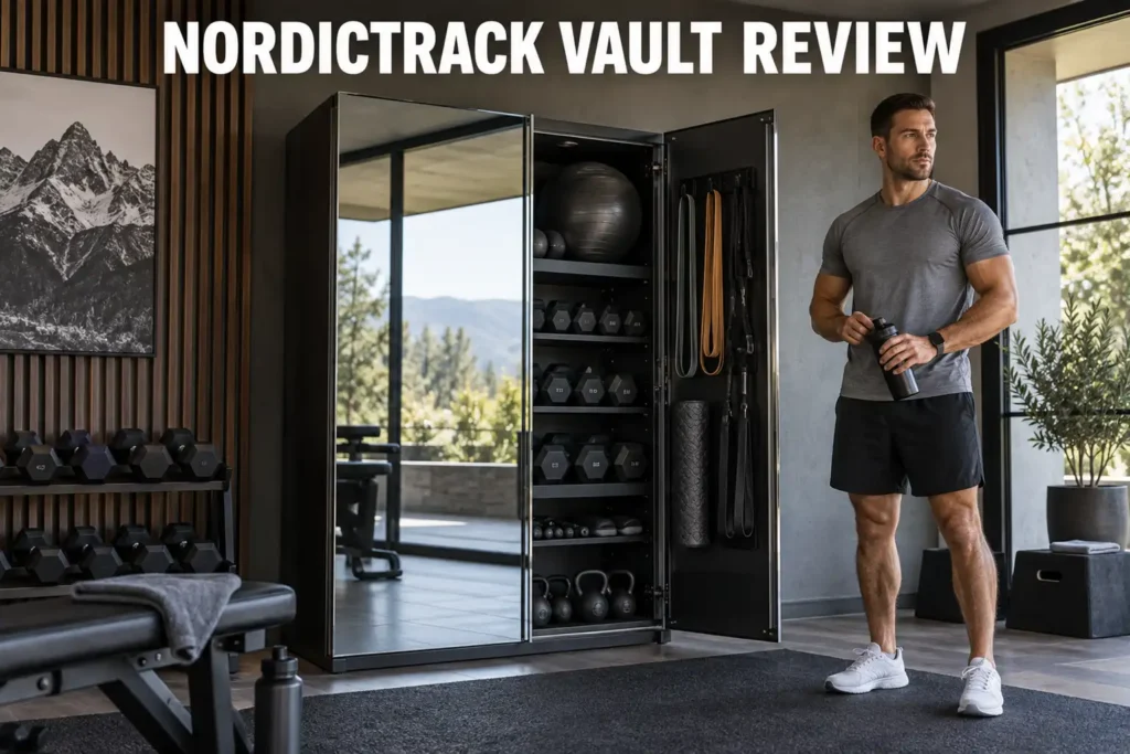 A man standing beside an open mirror-style fitness storage cabinet in a modern home gym with white lettering reading NordicTrack Vault Review.