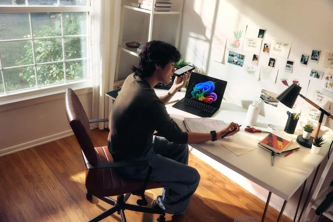 Man sitting at a home office desk using a laptop near a sunlit window