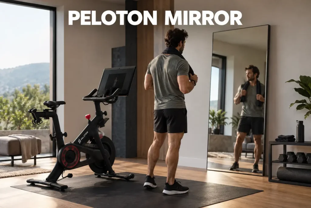 A man standing beside a Peloton exercise bike and a fitness mirror in a modern home gym.