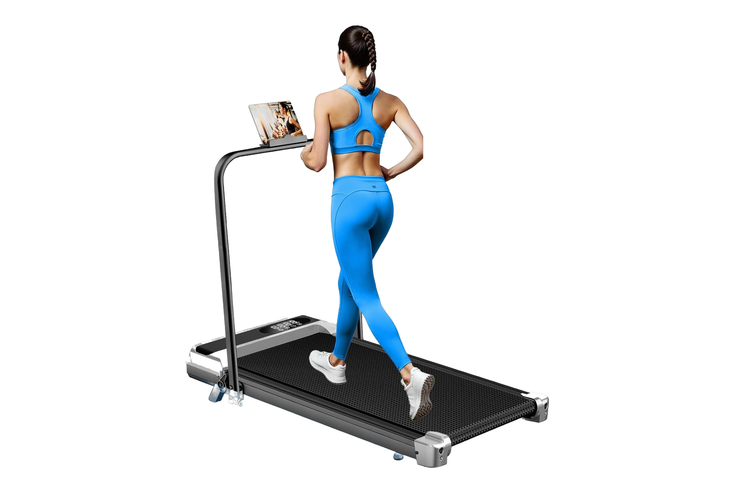 tfl-shinemaos-8pct-incline-walking-pad-b0fnmr8xg6-hero ShineMaos walking pad treadmill set to its 8 percent incline with a user walking on the belt and the folding handlebar raised