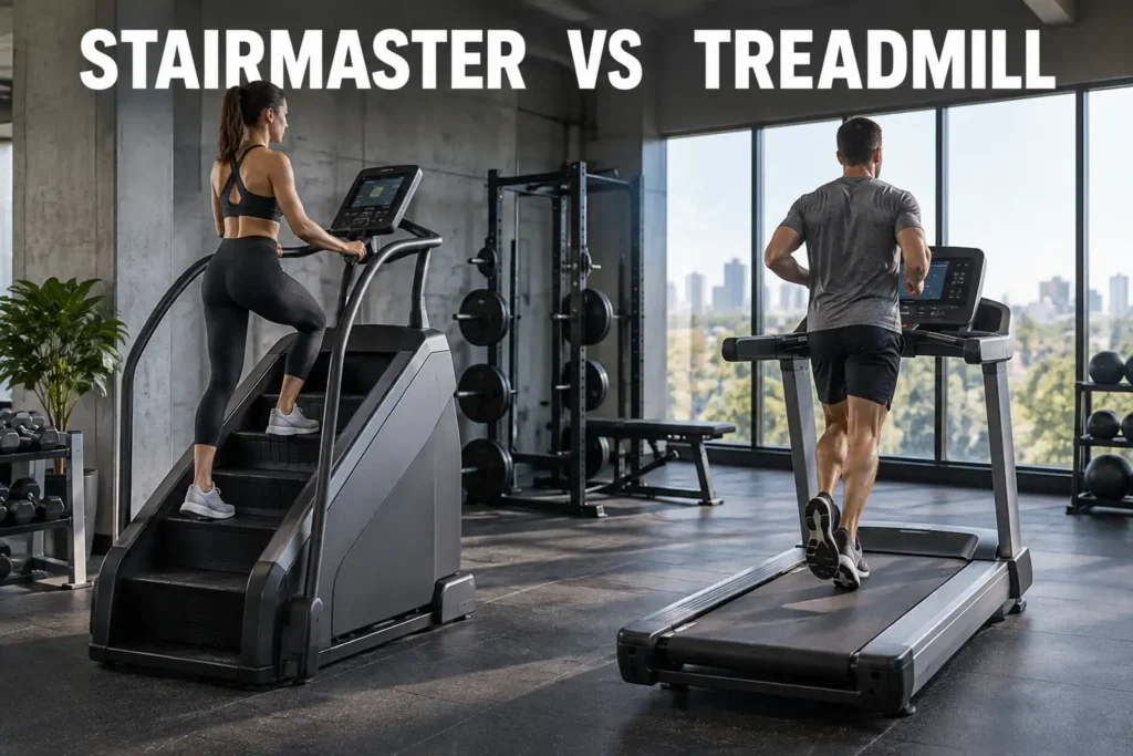 A woman using a StairMaster beside a man running on a treadmill in a modern gym with white lettering reading StairMaster vs Treadmill.