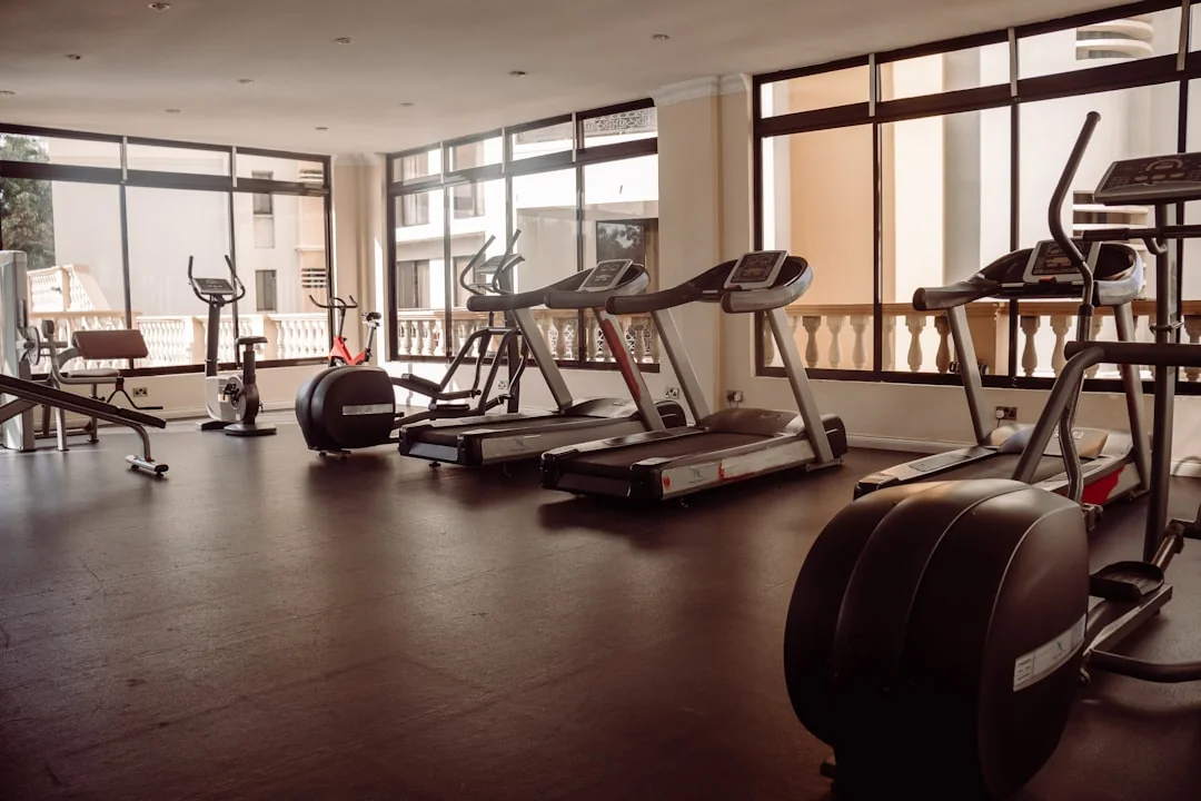 Treadmills and elliptical machines lined up in a bright gym with large floor-to-ceiling windows