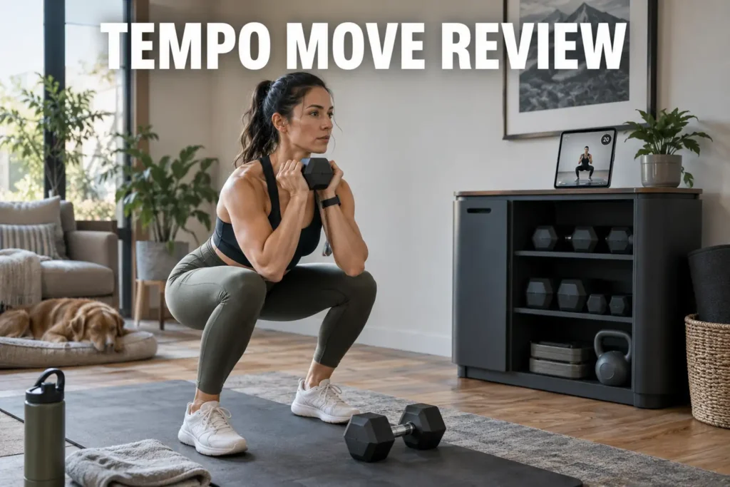 A woman doing a dumbbell squat while following a tablet workout in a home gym with white lettering reading Tempo Move Review.