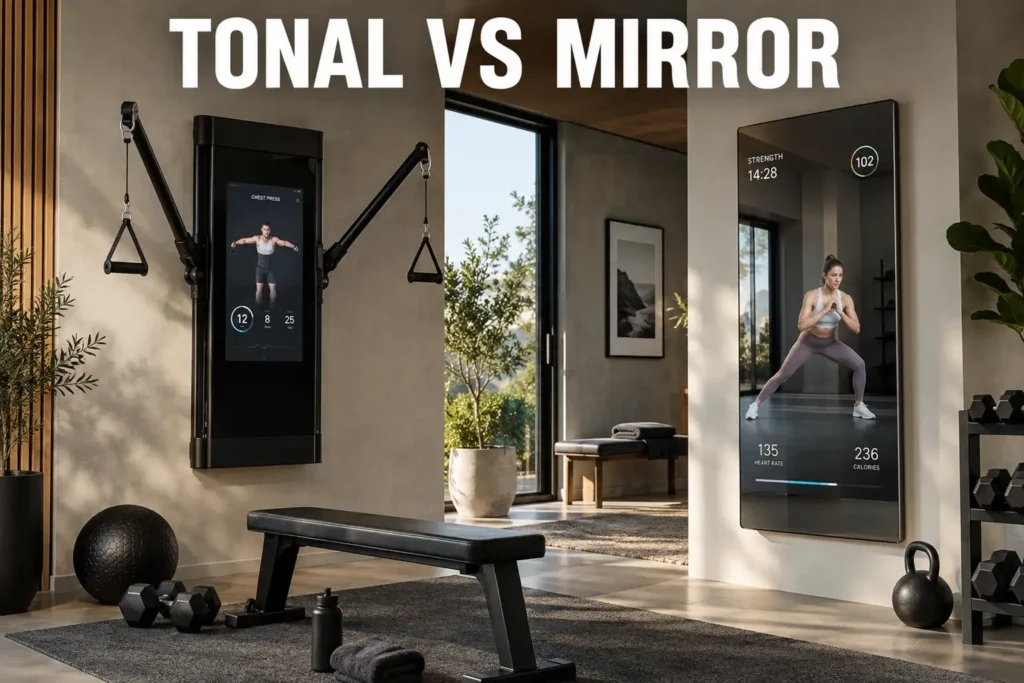 A Tonal-style smart strength trainer displayed beside a workout mirror in a modern home gym with white lettering reading Tonal vs Mirror.