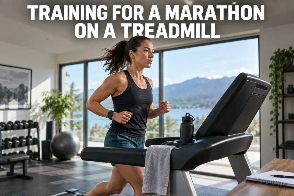 Woman running on a treadmill while training for a marathon in a bright home gym.