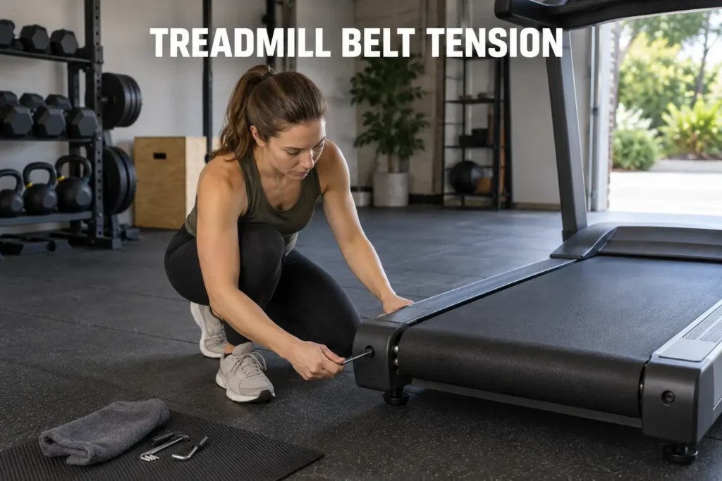 Woman adjusting treadmill belt tension with a hex key in a home gym.