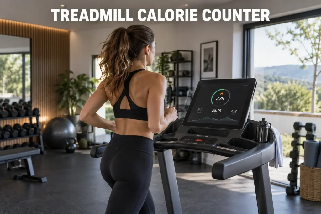 Woman running on a treadmill with calorie metrics displayed in a modern home gym.